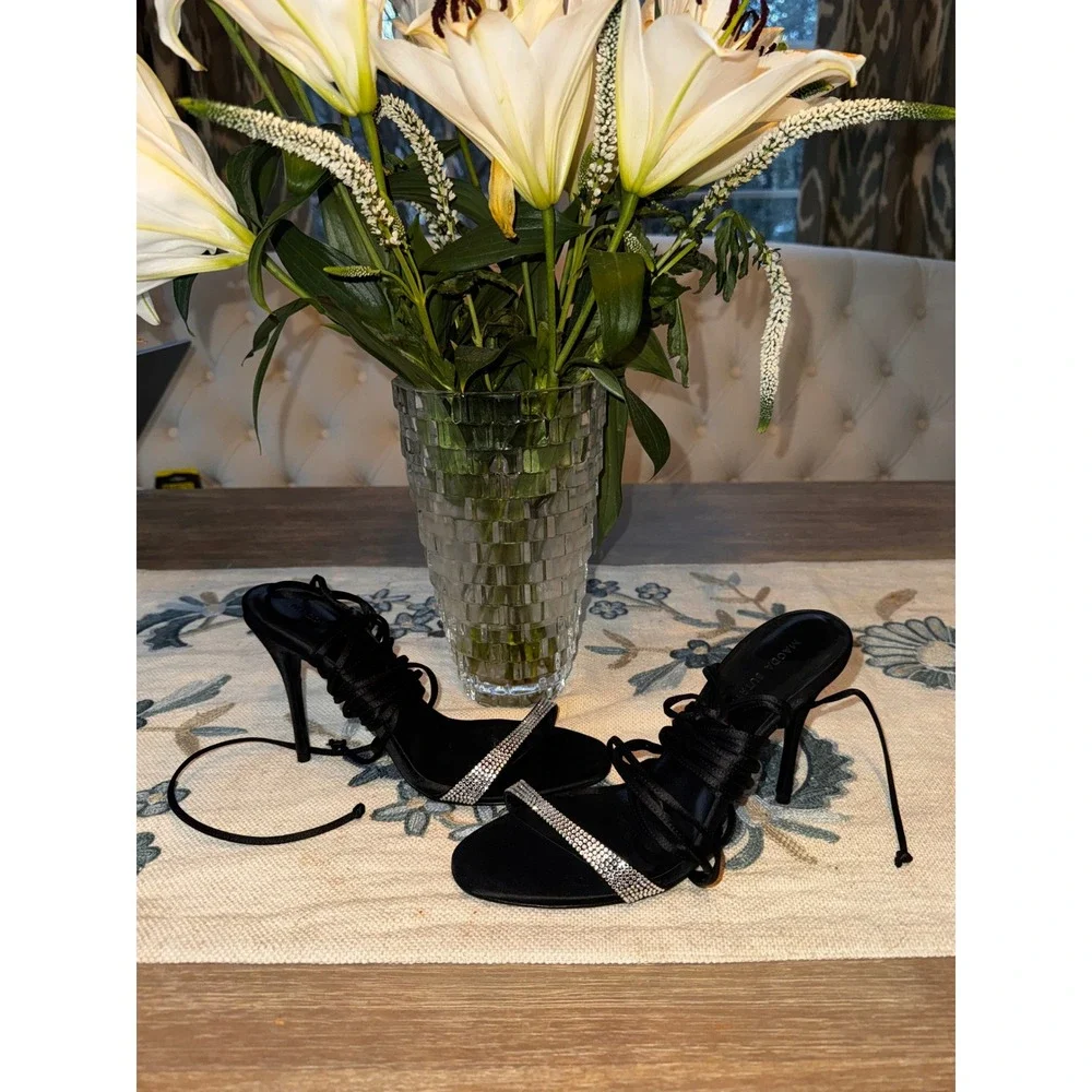 Magda Butrym Black Satin Crystal Embellished Lace Up Stiletto‎  Heels 39 NWOB - Picture 6 of 13